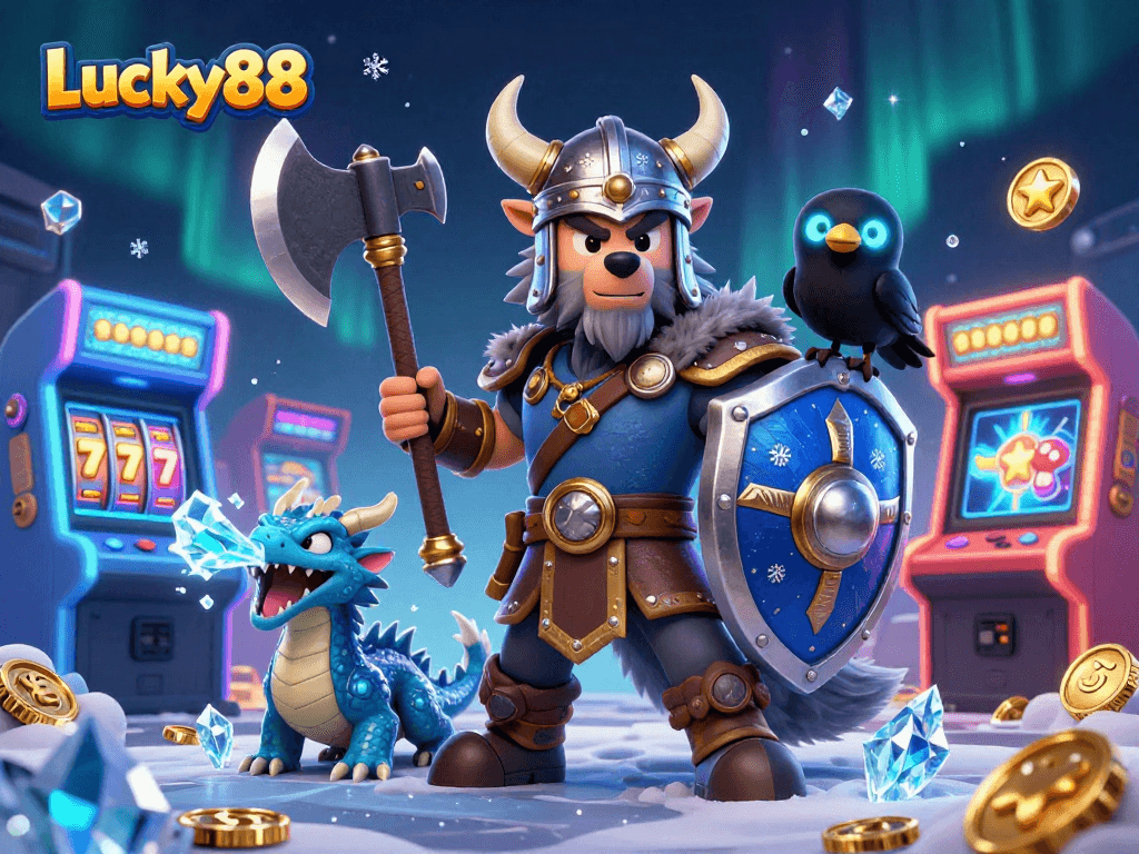 Play Lucky88 with a 3D Viking warrior, fierce dragon, and magical casino elements in stunning detail.