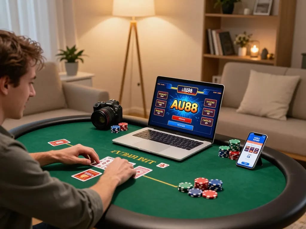 Engaging in AU88 online poker gaming from a cozy home setup, highlighting strategy and excitement.