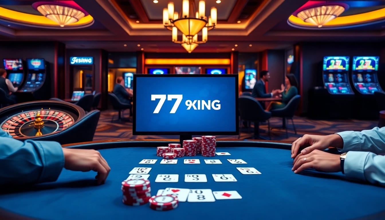 Experience online gaming excitement at 79KING with luxury poker chips and cards in a vibrant casino scene.