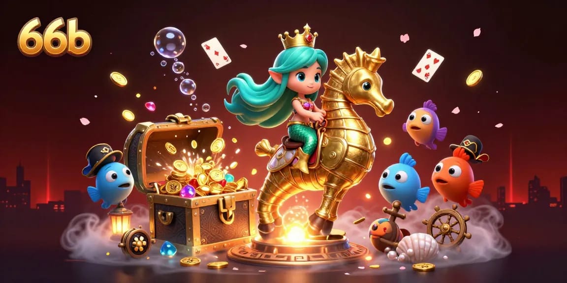 66b depicts a lively scene with a mermaid and seahorse amidst treasure, showcasing thrilling casino action.