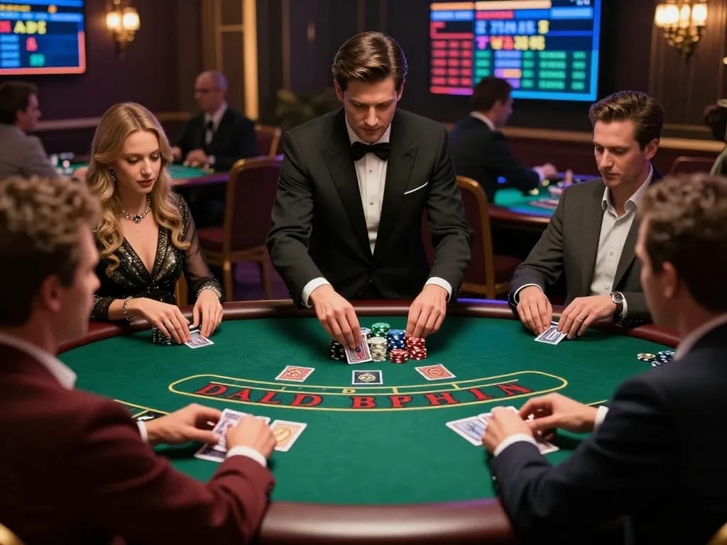 Sky88co players enjoying a high-stakes blackjack game with vibrant casino ambiance