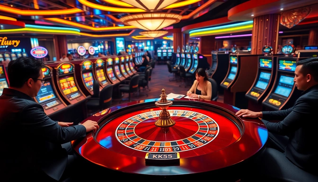 Players enjoying thrilling games at KK55 casino with luxurious slots and a roulette table.