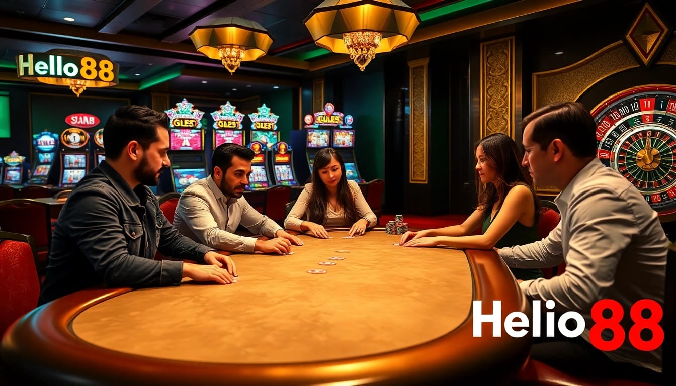 Hello88 players engaged in an exciting poker game at a luxurious casino table.