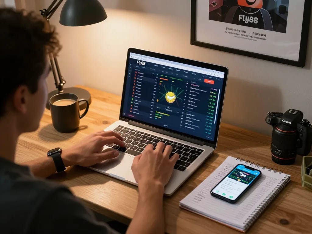 Engaged gambler using Fly88 for online sports betting, focused on strategies in a cozy setting.