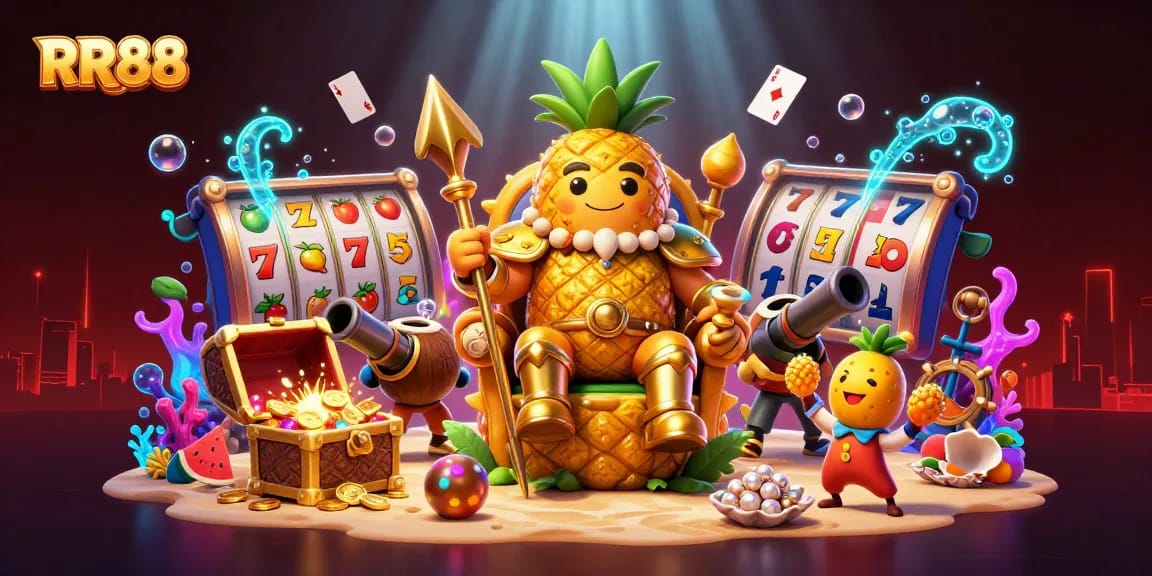 Engage with RR88's exciting slot experience featuring a golden pineapple king and vibrant casino elements.
