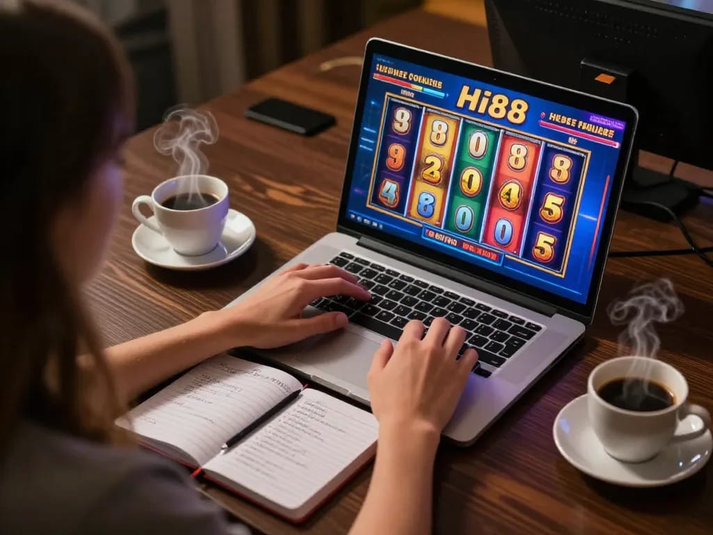 Player engaging with Hi88 online casino, laptop showing big win on slot games while taking notes
