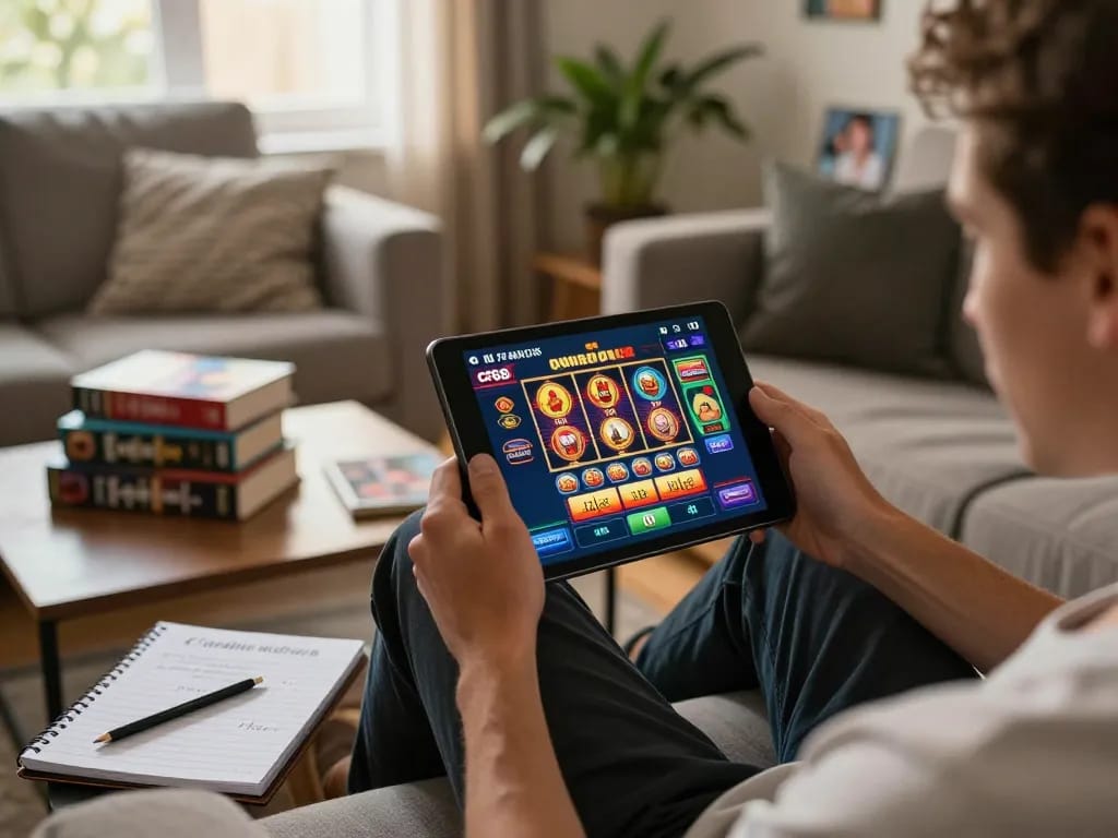 Player exploring cf68 slots on a tablet in a cozy living room, showcasing responsible online gaming.