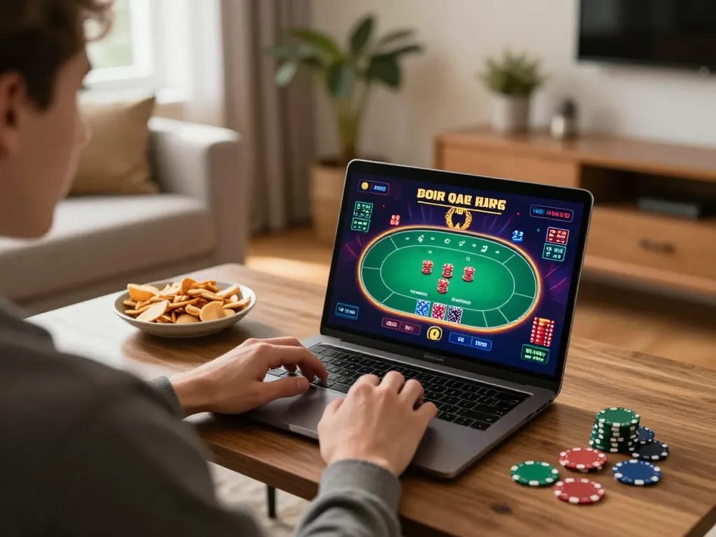 Mig8 casino player enjoying a poker game on laptop in a cozy home setting, emphasizing strategic play.