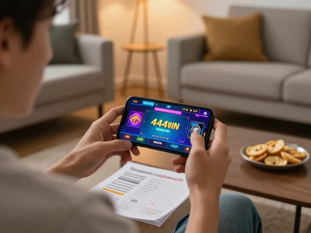 Engaging in live betting on 4444WIN with a smartphone, showcasing responsible gaming in a cozy environment