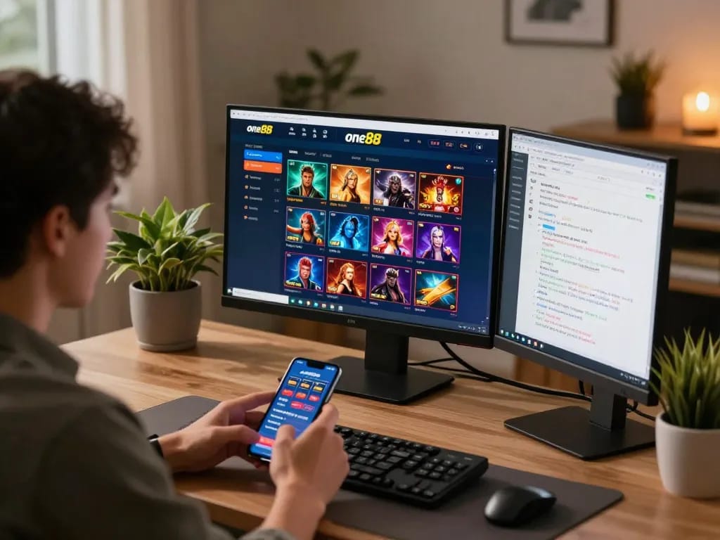 Engaging with one88 through a dual-screen setup, strategizing online bets in a cozy home office.