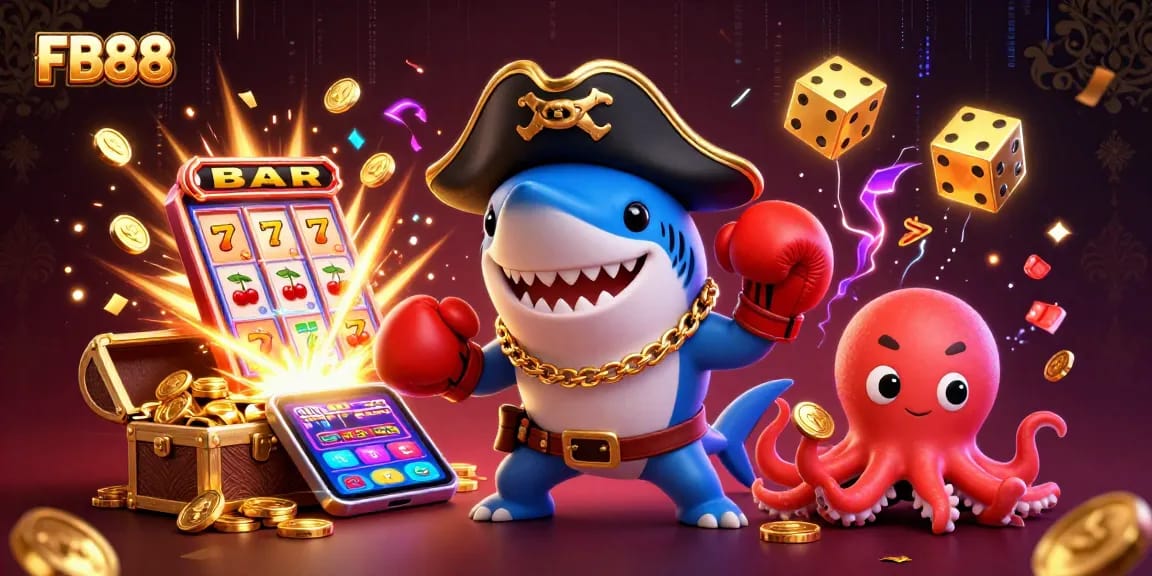 Engage in thrilling games at FB88 with charming underwater characters amidst dynamic casino elements.
