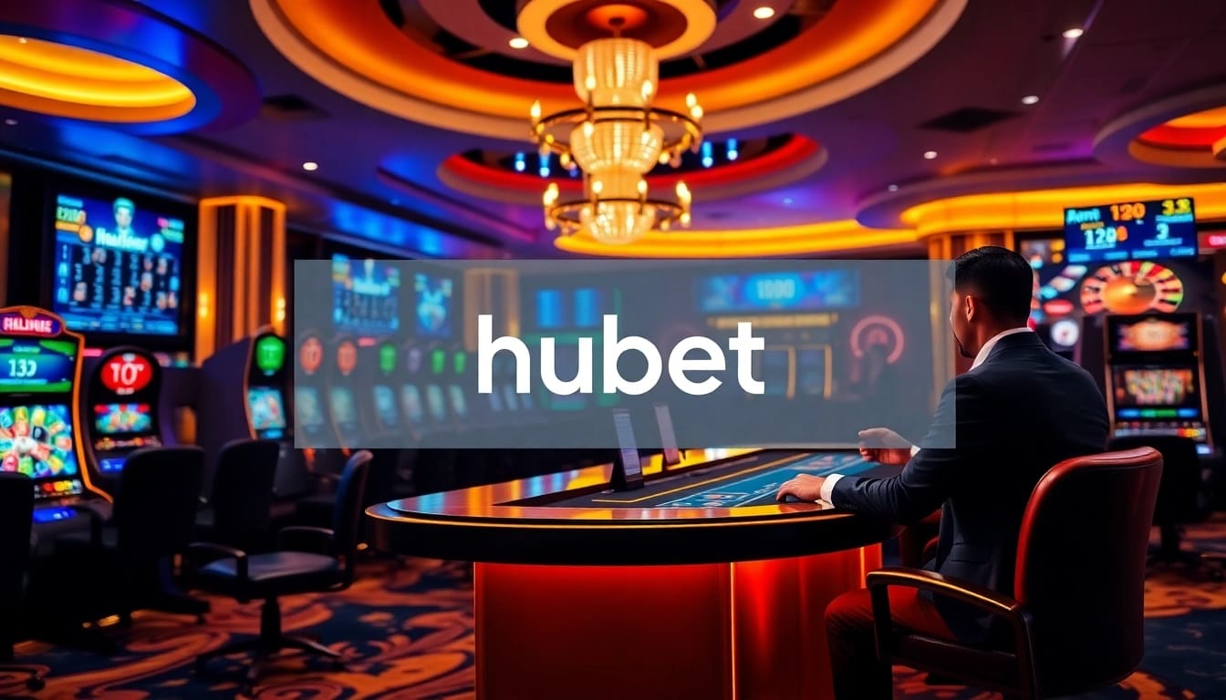 Experience the excitement of hubet with a stylish online casino gaming scene, featuring vibrant slot machines and engaging dealers.