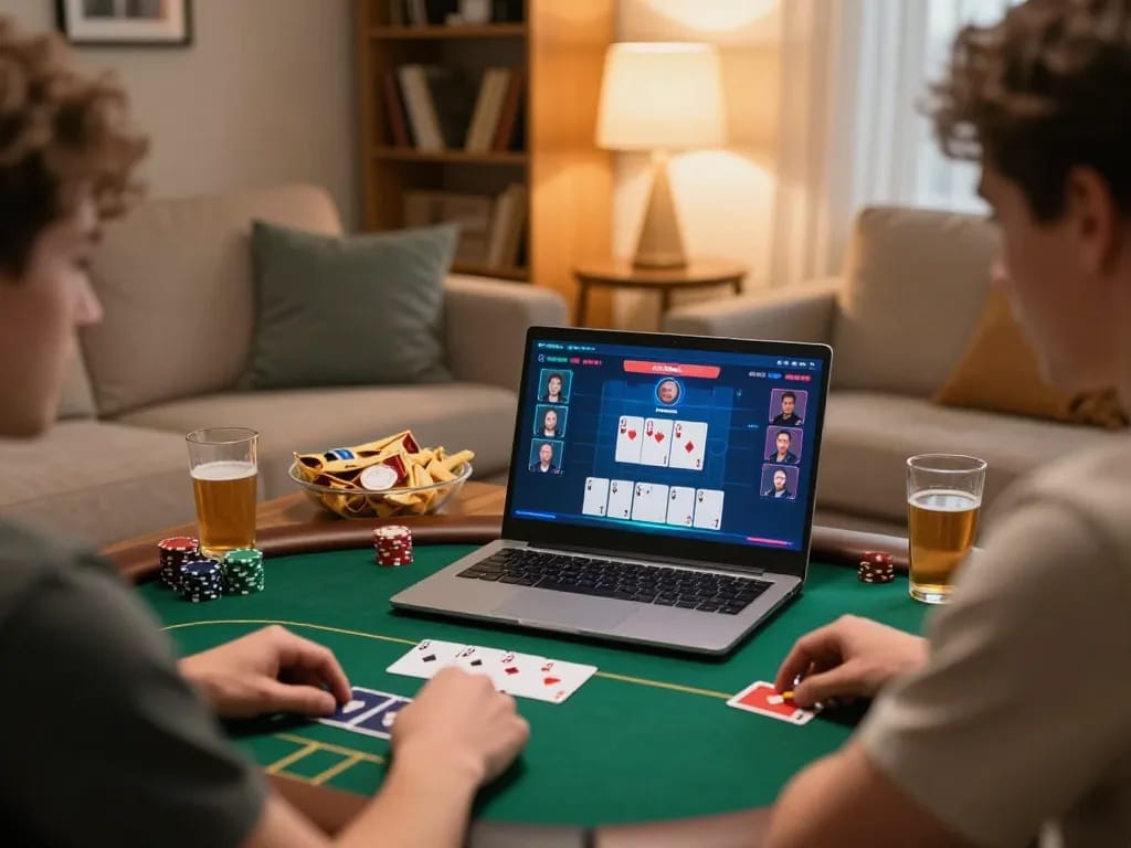 Player strategizing in an online poker game on 98win, showcasing a cozy home gaming environment.