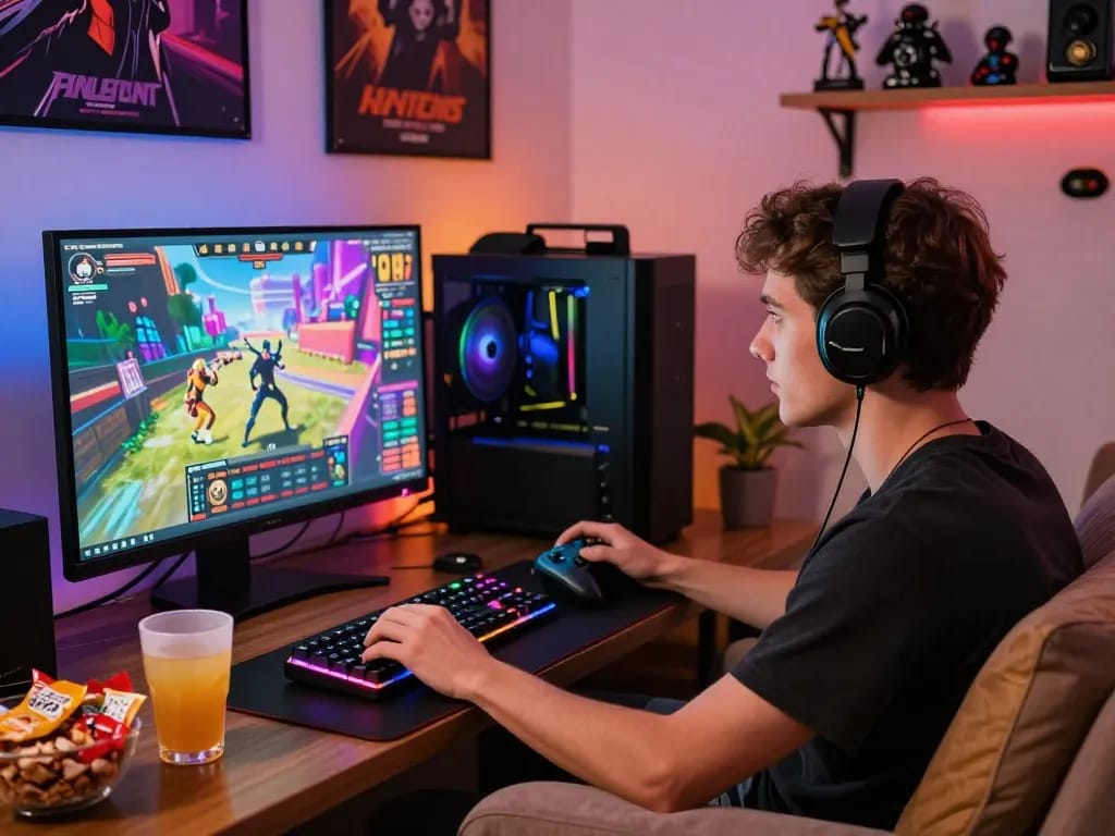 Engaging gaming scene featuring a young man playing porn games with vibrant visuals and colorful equipment.