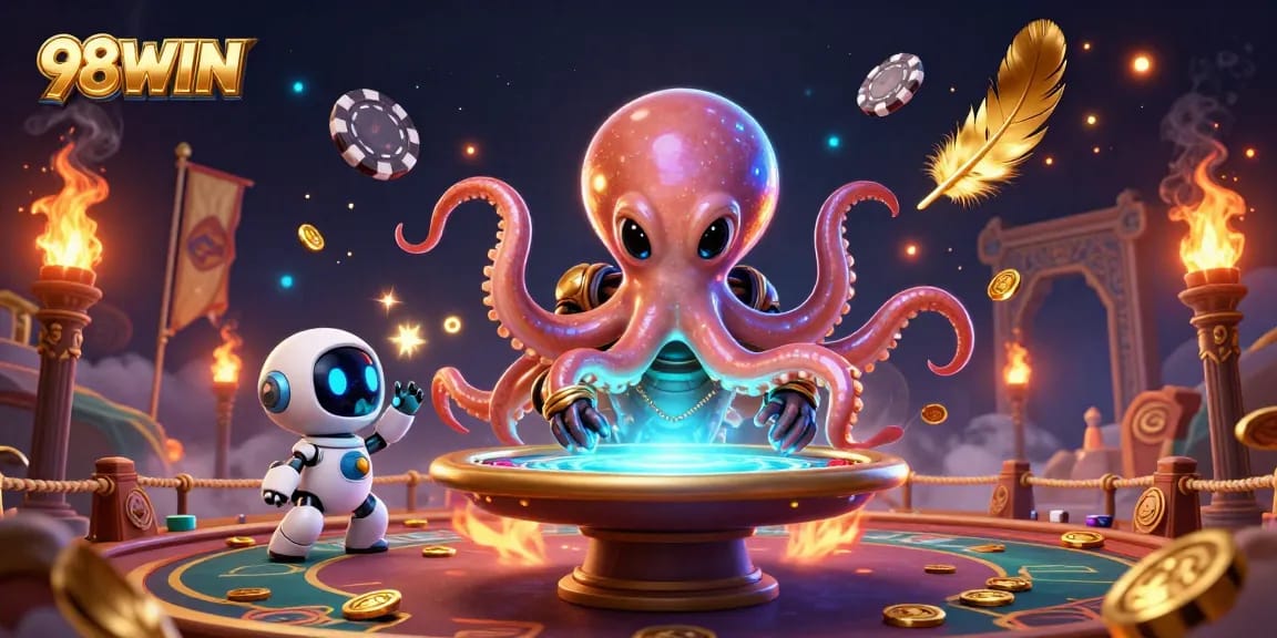 Experience vibrant gaming at 98WIN with a cartoon alien octopus orchestrating a dynamic poker scene.