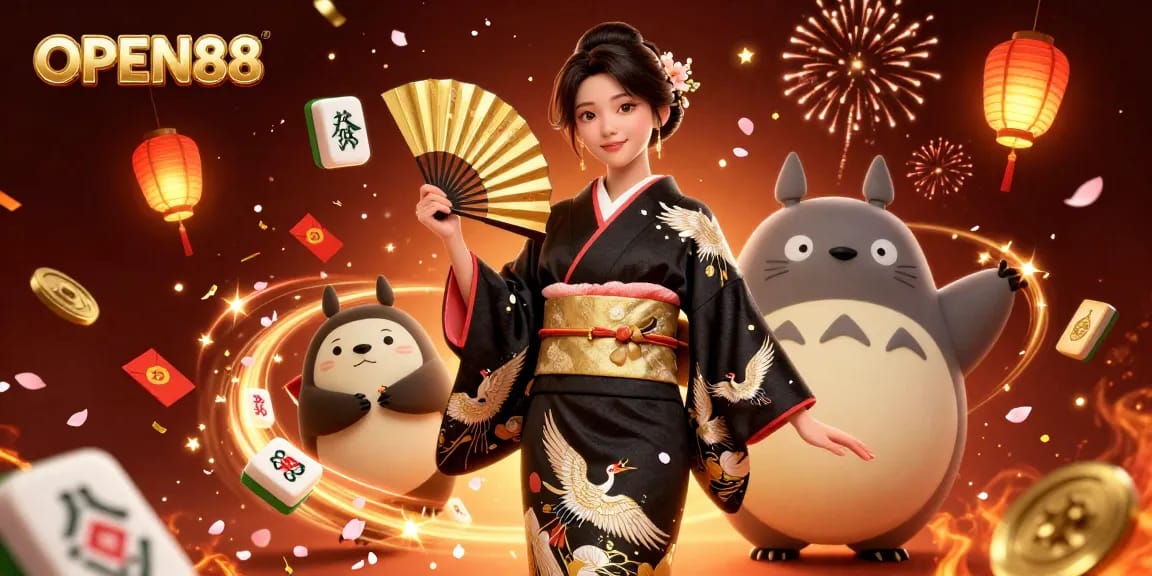 Engage with gaming excitement at OPEN88, featuring a woman in a kimono with a tanuki and festive elements.