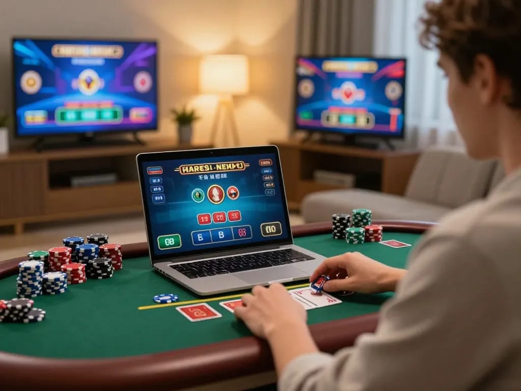 F168 online gambling experience with player engaging in live dealer blackjack in a modern home.