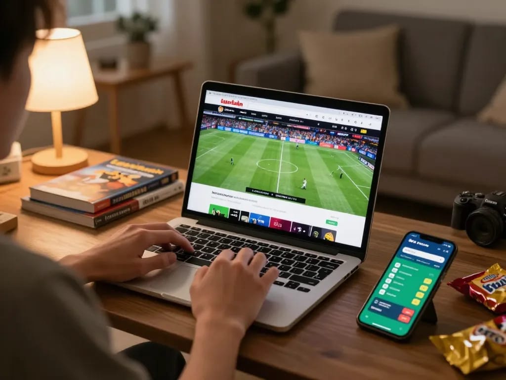 Engaging in online betting on lương sơn tv during a live football match, with a cozy home setup.