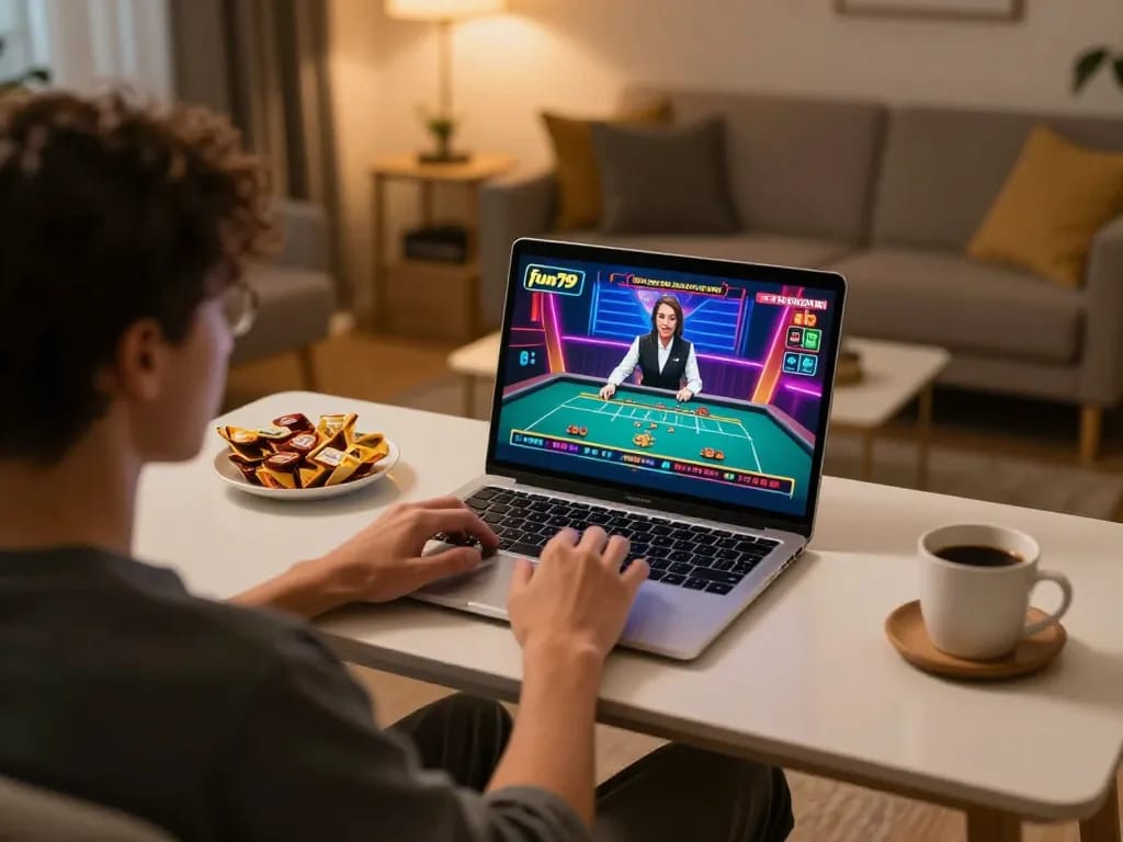 Engaged player at nhà cái fun79 showcasing an online casino game interface on their laptop.