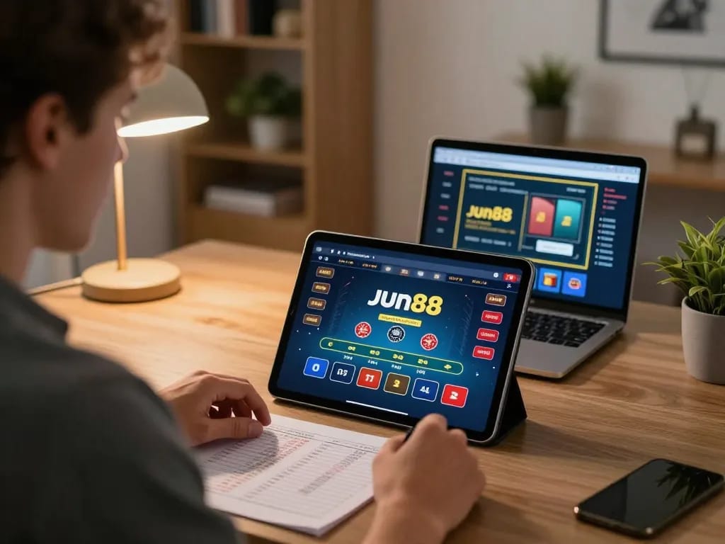 Player engaging in live dealer games on Jun88 mobile casino app at home office