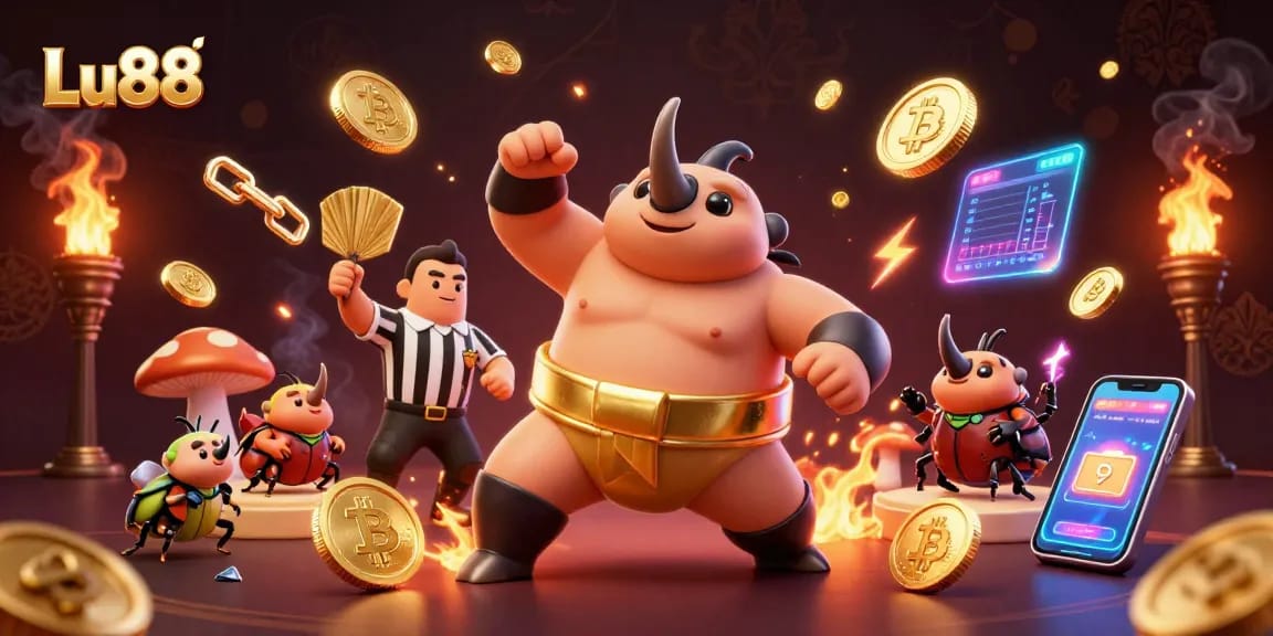Experience Lu88 thrills with a vibrant 3D casino scene featuring a sumo champion and crypto elements.