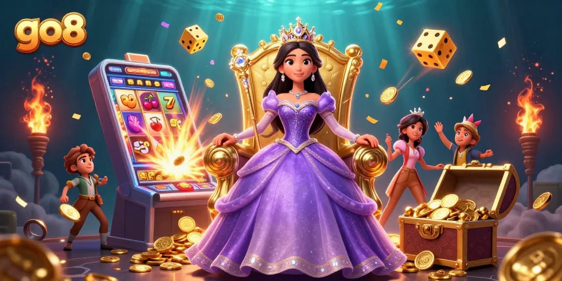 Experience thrilling slots at go8, with a royal princess holding a scepter and coins bursting from a slot machine.
