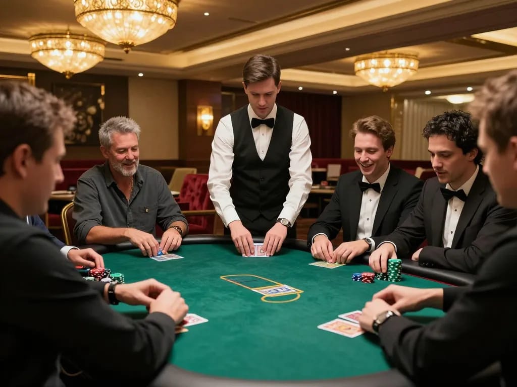 Players analyze high-stakes hands at a GO99 poker table in a luxurious casino setting