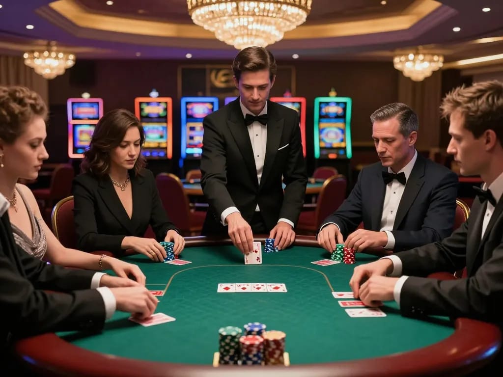 Luck8 players strategizing during an intense poker game, showcasing high-stakes action in a luxurious casino.