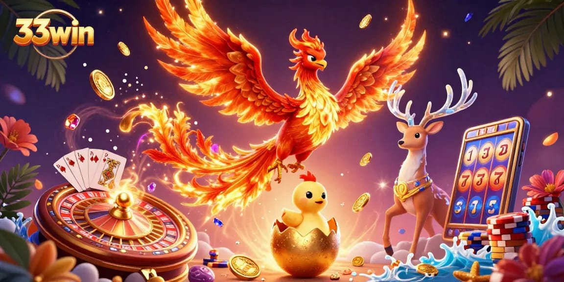 Experience thrilling casino magic with 33win, featuring vibrant phoenixes and dynamic gaming elements.