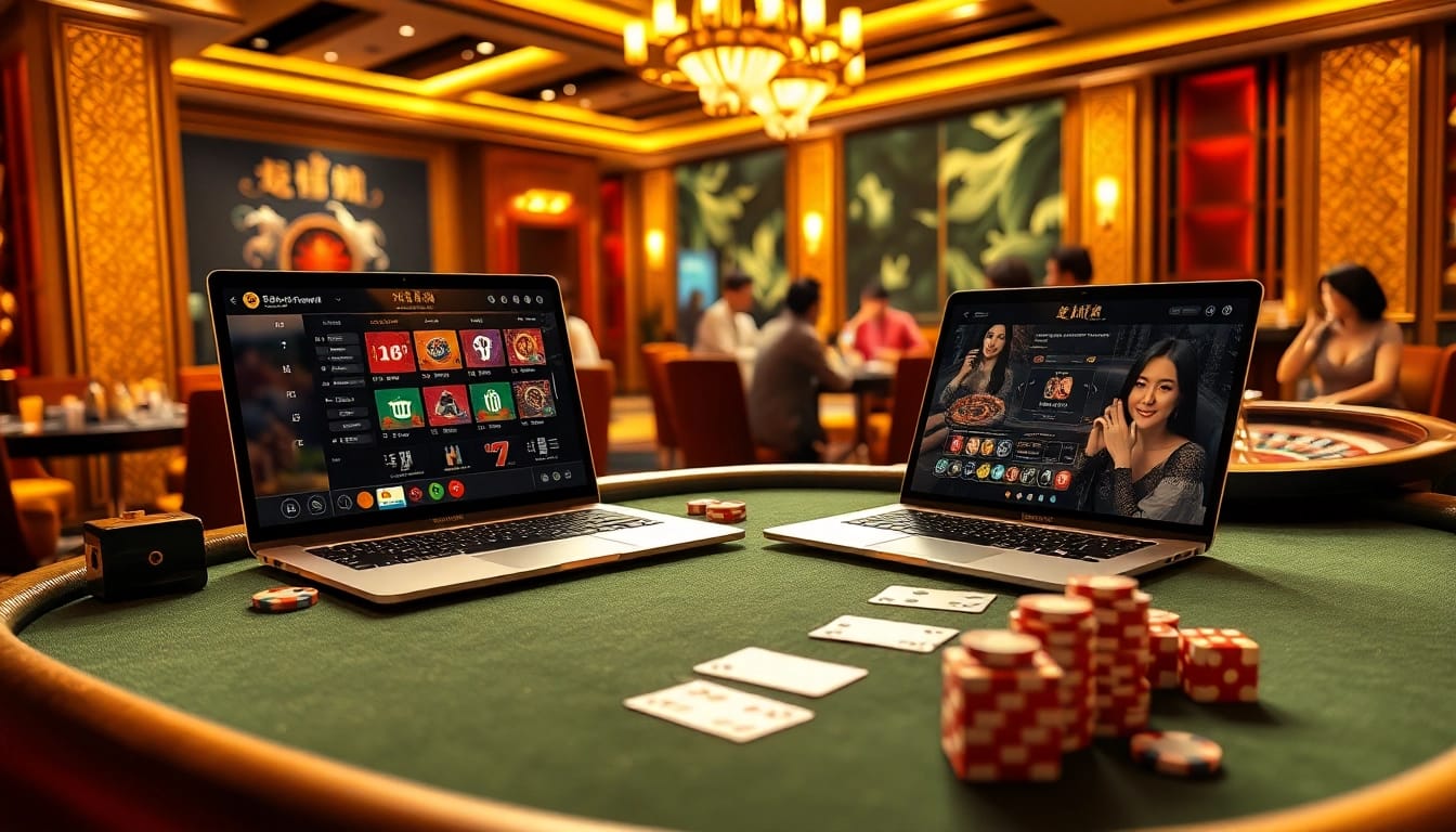 Players enjoying an engaging game of tài xỉu md5 in an elegant casino setting with vibrant colors.