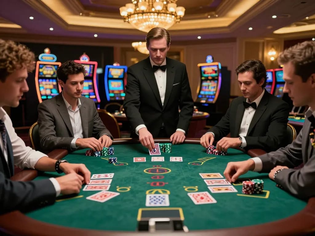 Players are engaging in an intense blackjack game at a lavish table in hm88 casino