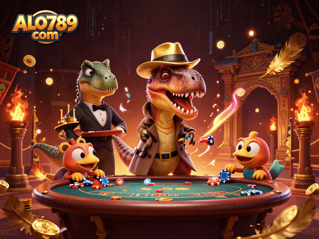 Experience thrilling blackjack action at ALO789 com with dinosaurs in a bustling casino scene.