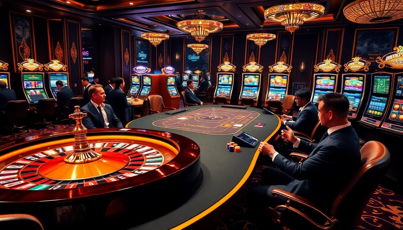 Experience the thrill of 88aa at a luxurious casino featuring vibrant games, poker tables, and roulette wheels.