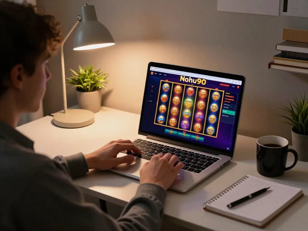 Nohu90 player spinning colorful slot reels from a cozy home setup.