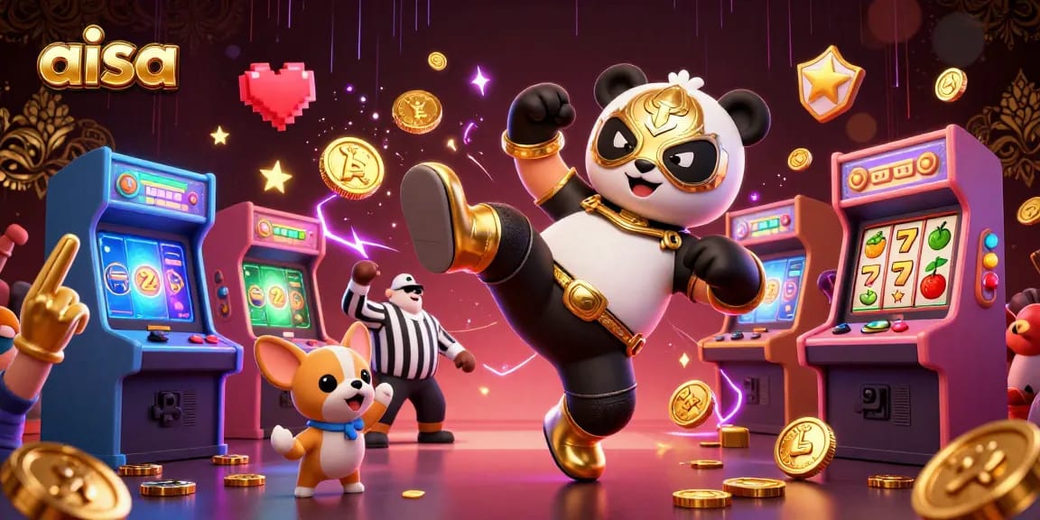 AISA's dynamic casino scene featuring a panda wrestler, engaging in action with vibrant slot machine elements.
