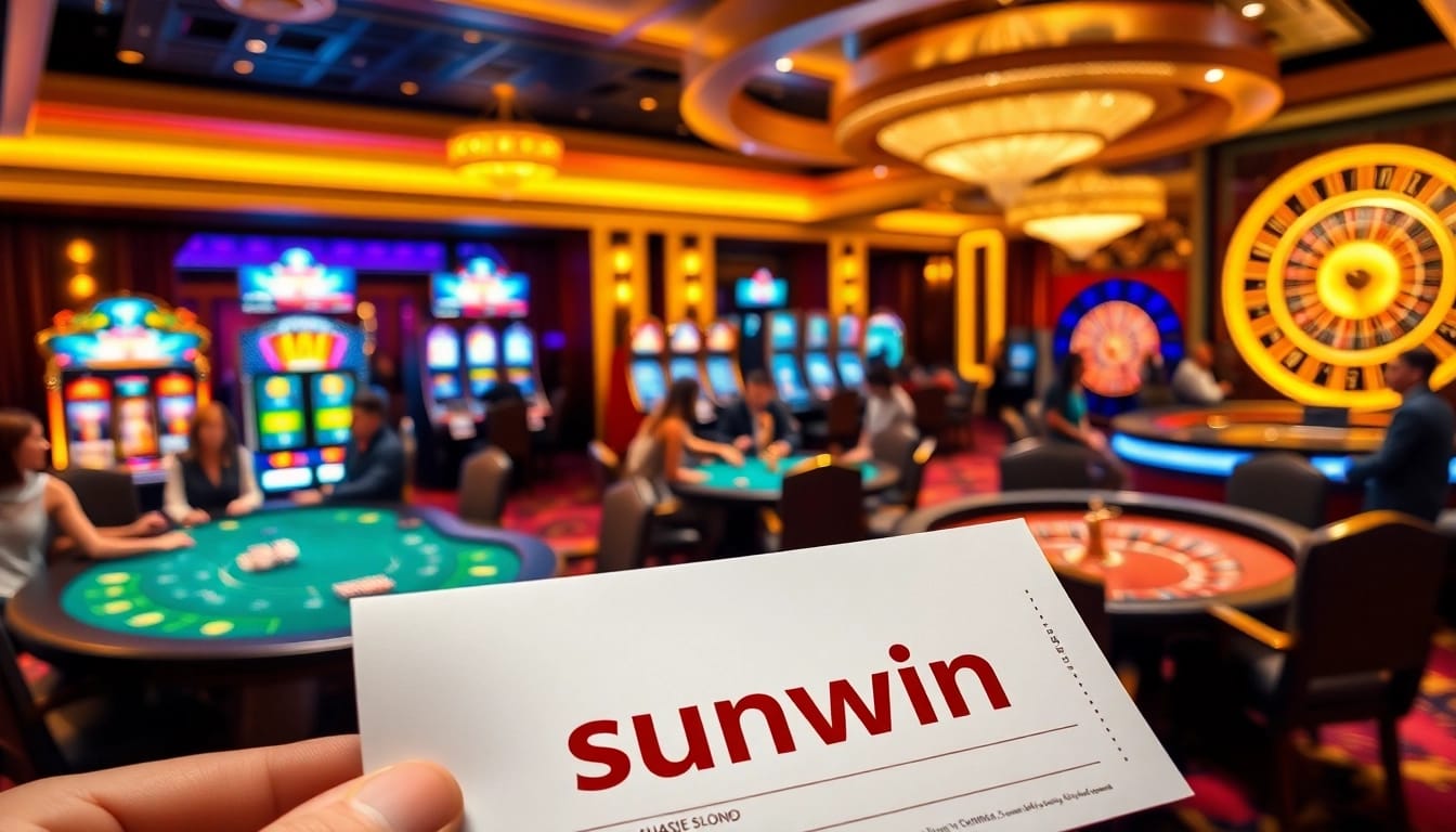 Engaging atmosphere in a luxurious casino featuring sunwin betting slips at poker tables.