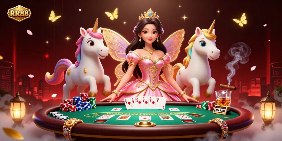 Experience RR88 with a magical casino scene showcasing a glamorous woman and a golden unicorn amidst vibrant poker elements.