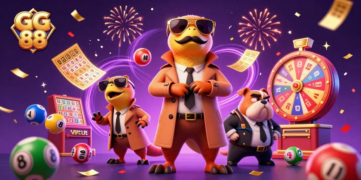Experience the excitement of GG 88 with raptors in disguise entering a VIP casino filled with vibrant lottery elements.