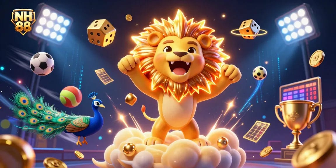 Experience the excitement of NH 88 with a vibrant 3D casino scene bursting with sports betting elements.