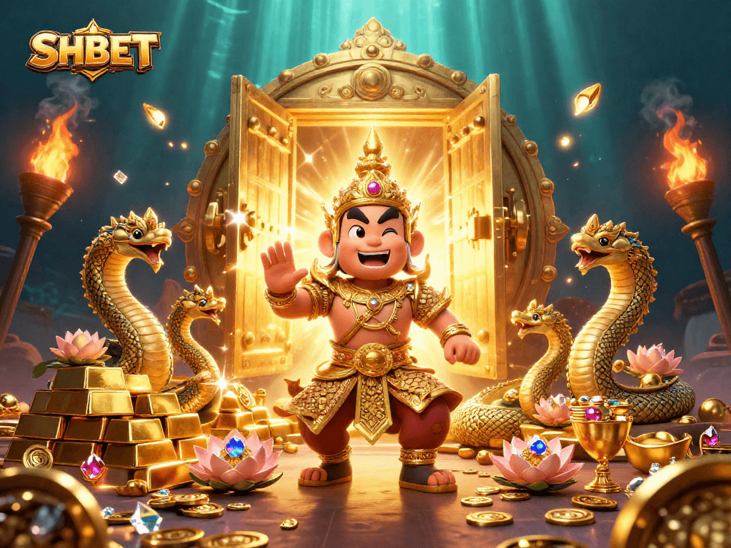 Experience thrilling wins with SHBET at an exciting casino treasure scene full of gold and gems.