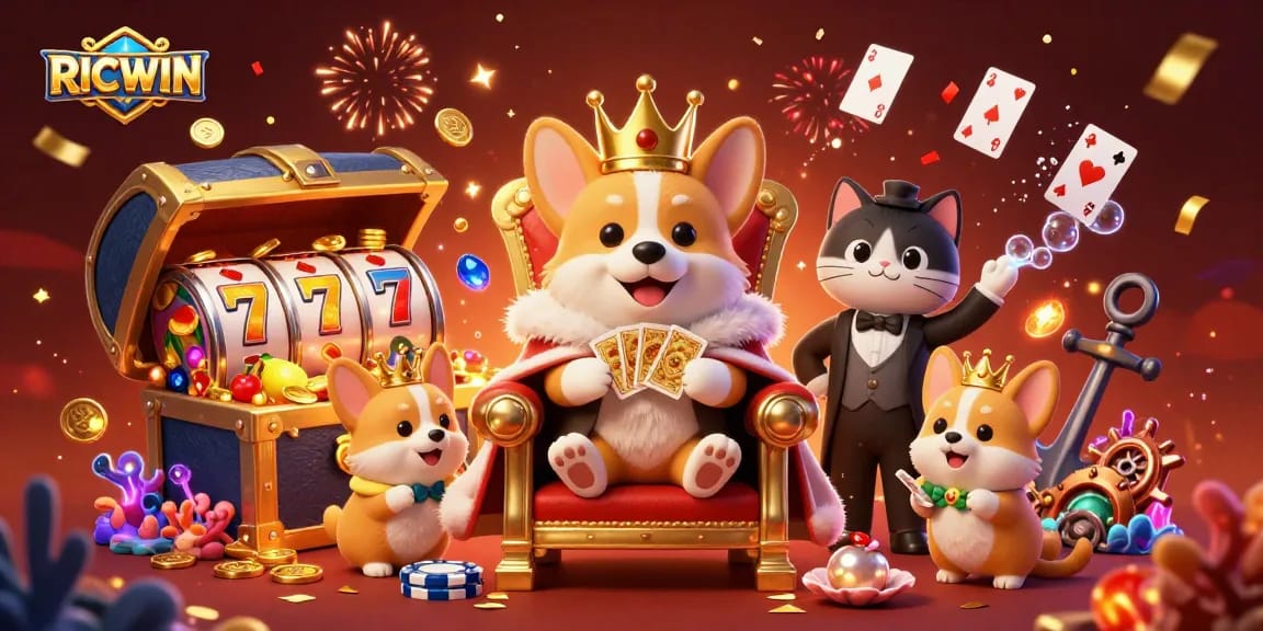 Experience the thrilling world of RICWIN with a corgi king in a vibrant slot game scene.