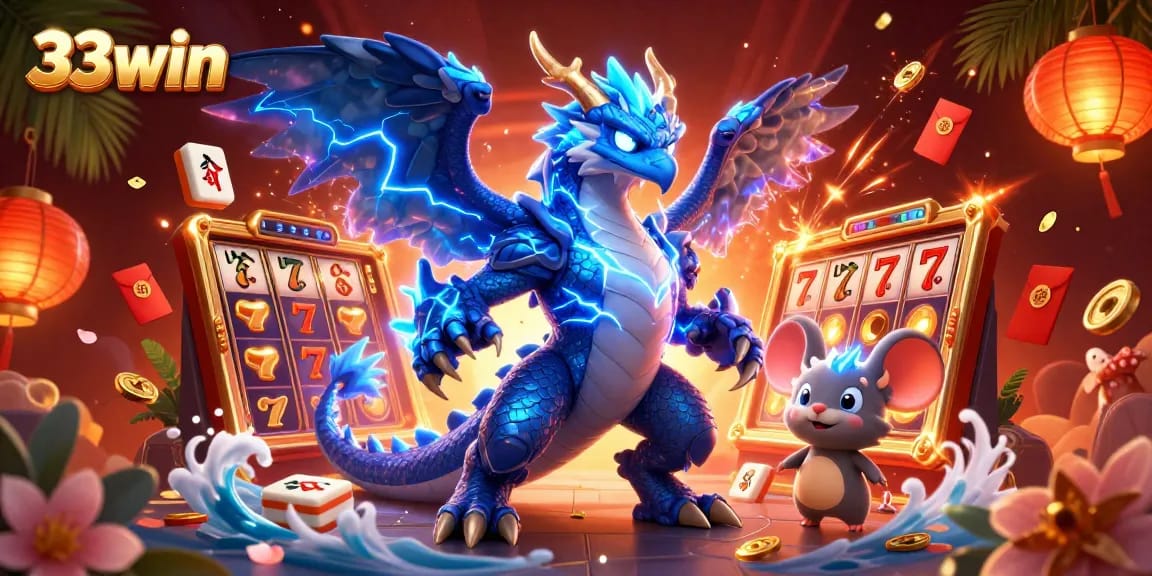 Experience the excitement of 33win slots with a thunder dragon and dynamic gameplay elements.
