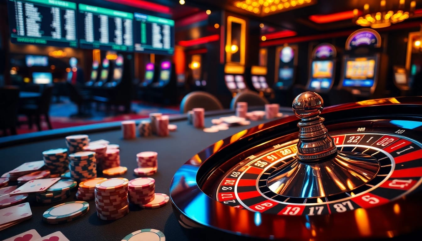 Experience the thrill of gambling at https://luongsontv5.com/ with an upscale casino scene featuring poker chips and roulette wheels.