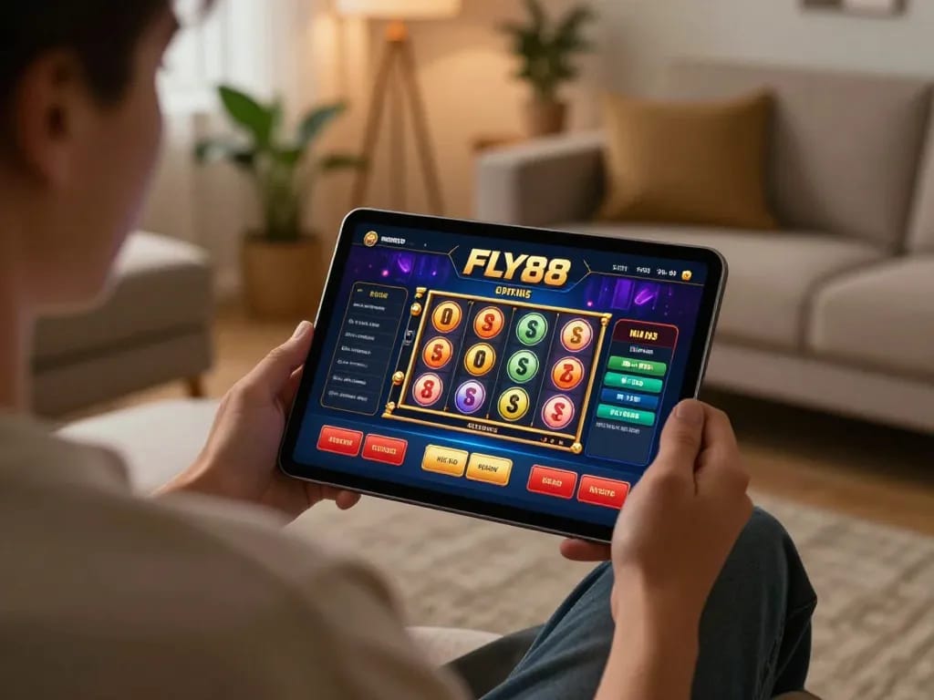 FLY88 player immersing in dynamic gameplay on tablet in cozy gaming environment.