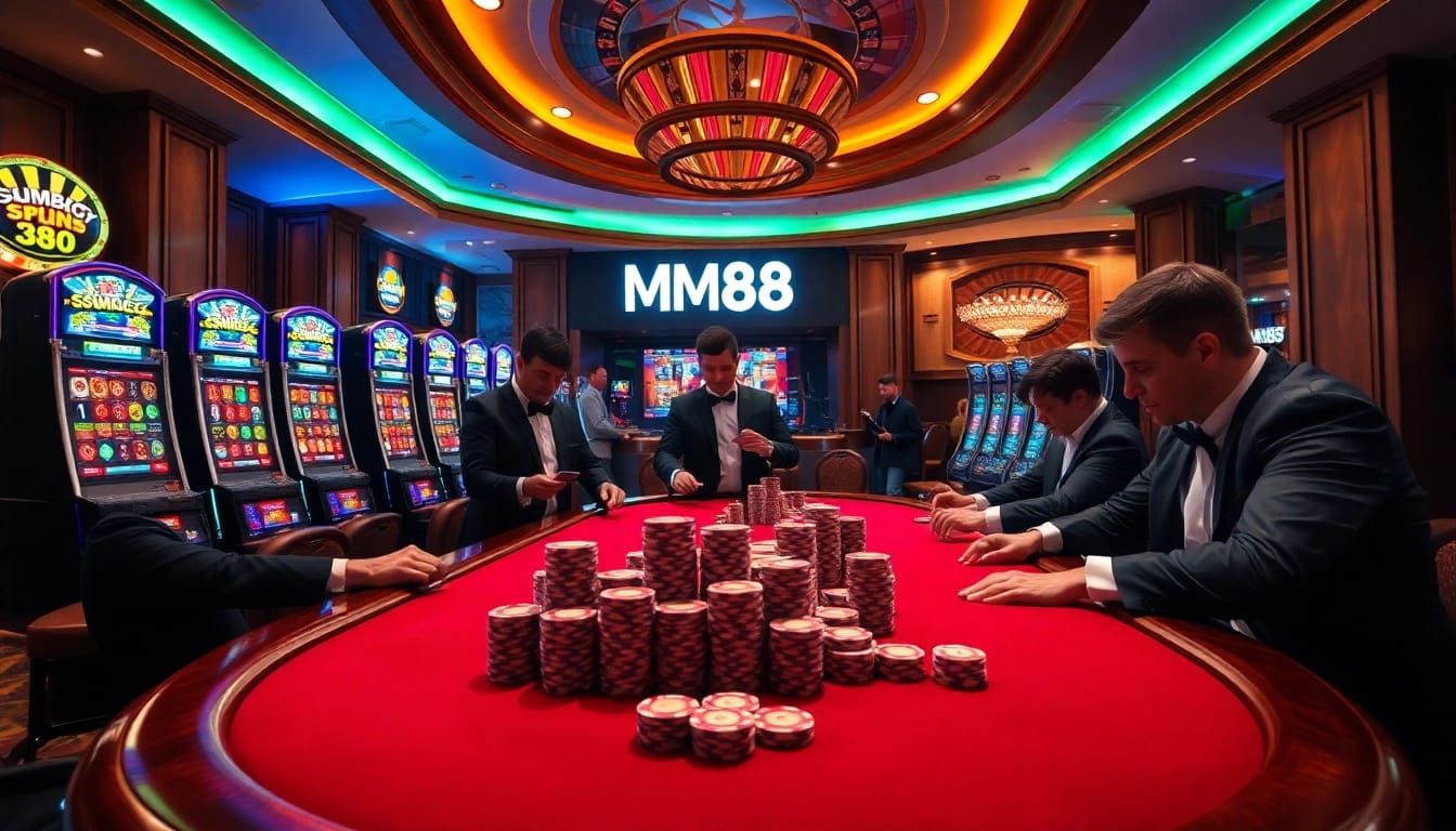Experience the thrill of MM88 at a luxurious casino with vibrant poker tables and exciting slot machines.