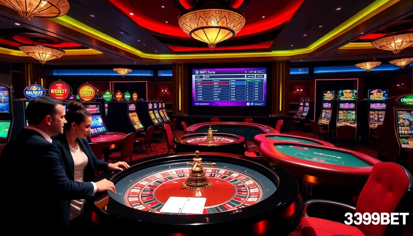 Experience the excitement of 399BET with vibrant casino visuals showcasing online gambling action.