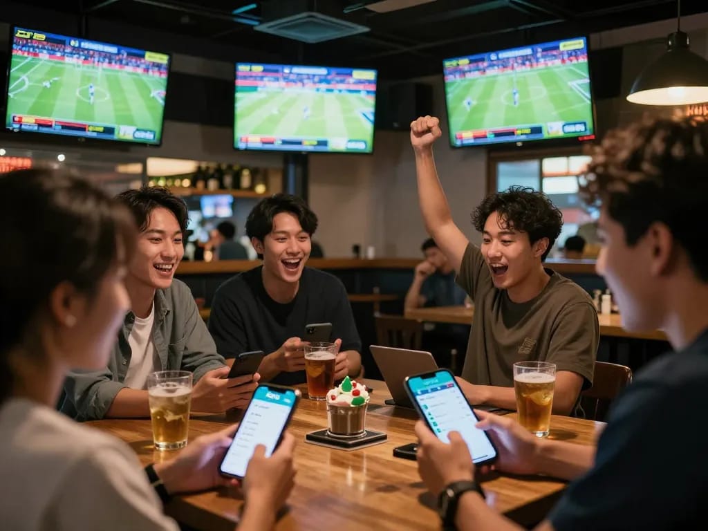 Bettors engage with 90phut app for live sports betting in a lively bar setting