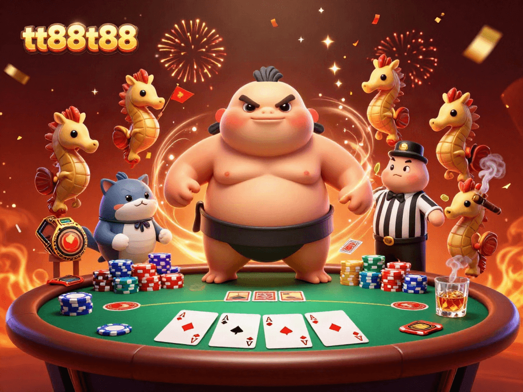 tt88tt88 showcases a lively underwater poker scene with fugu, catfish, and festive seahorses.