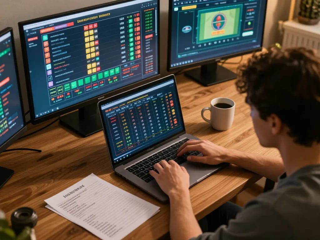 Engaged bettor reviewing kèo nhà cái and live sports odds on laptop at home.