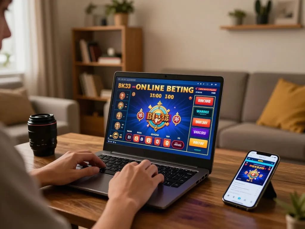 Engaged player using BK33 online betting platform on a laptop, showcasing vibrant gaming interface.